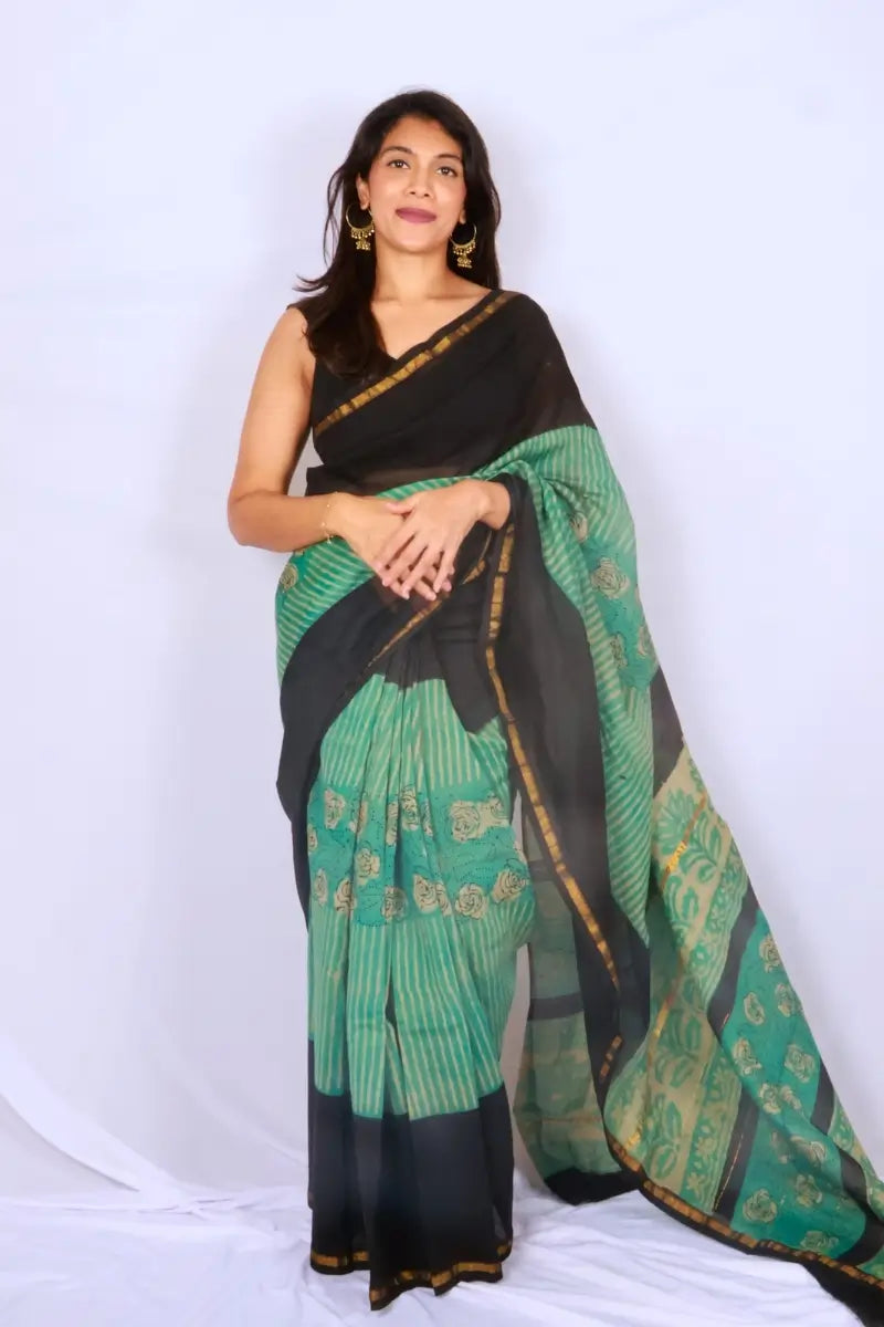 Chanderi cotton silk saree in Black & Emerald Green with Bagru hand block print — Noolagam