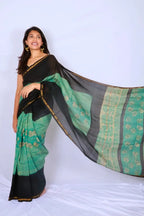 Chanderi cotton silk saree in Black & Emerald Green with Bagru hand block print — Noolagam_3