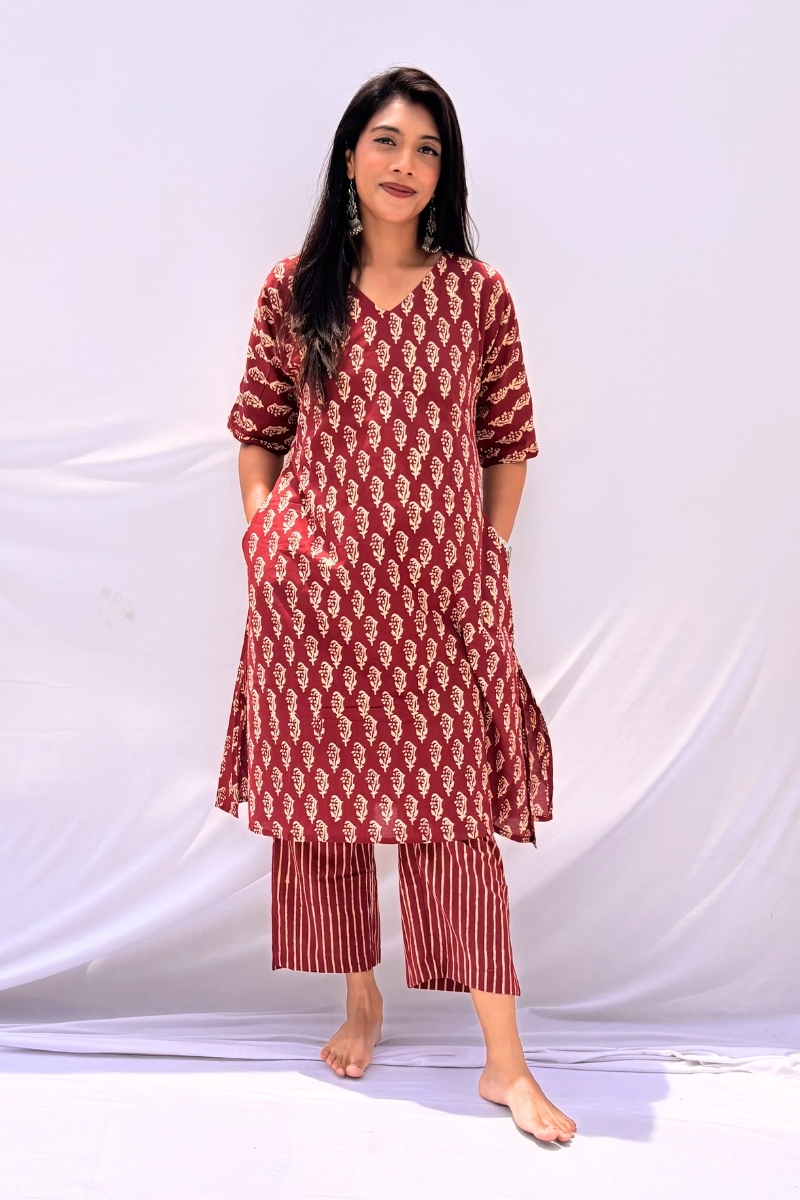 Hand Block Printed Cotton Co-ord Set - Maroon Buti