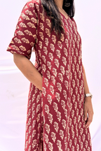 Hand Block Printed Cotton Co-ord Set - Maroon Buti