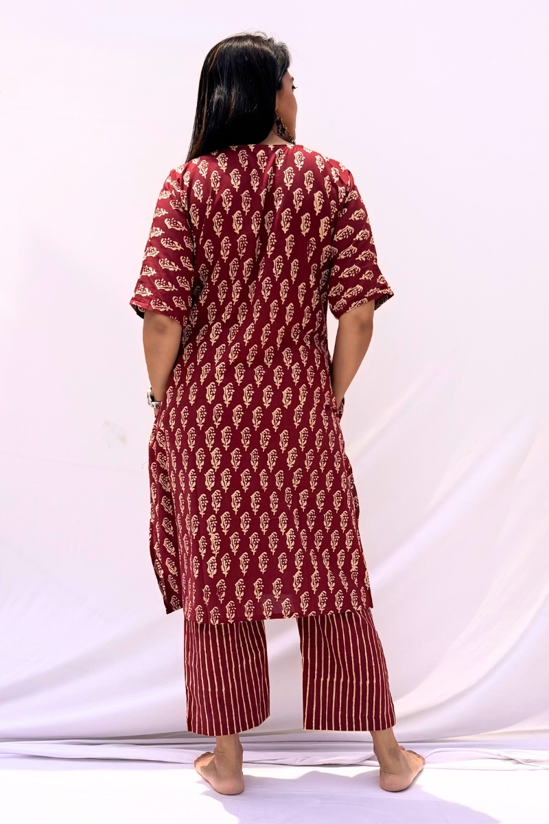 Hand Block Printed Cotton Co-ord Set - Maroon Buti