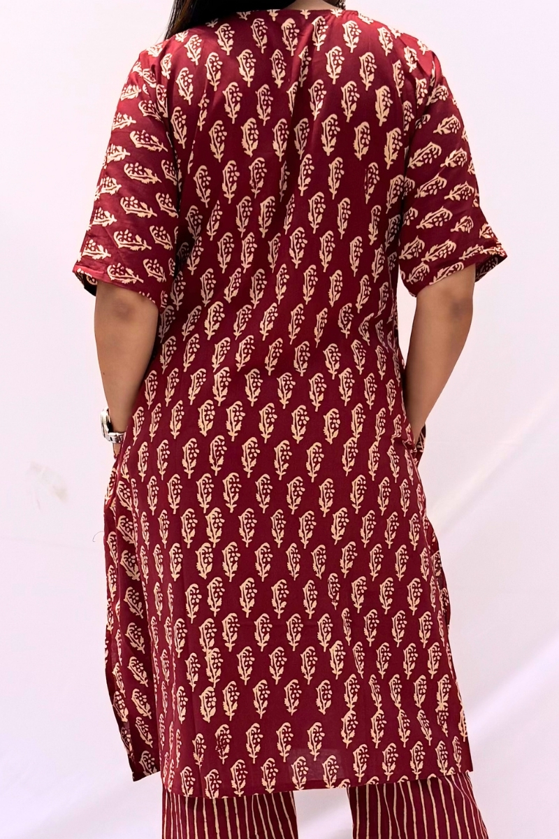 Hand Block Printed Cotton Co-ord Set - Maroon Buti