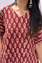 Hand Block Printed Cotton Co-ord Set - Maroon Buti