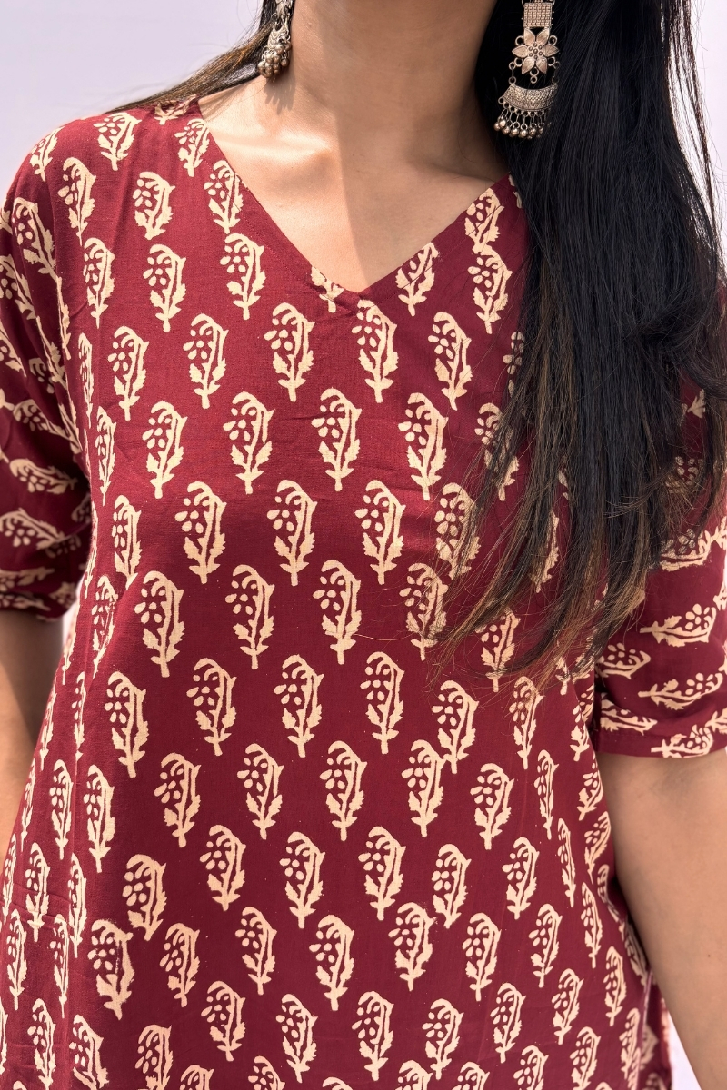 Hand Block Printed Cotton Co-ord Set - Maroon Buti