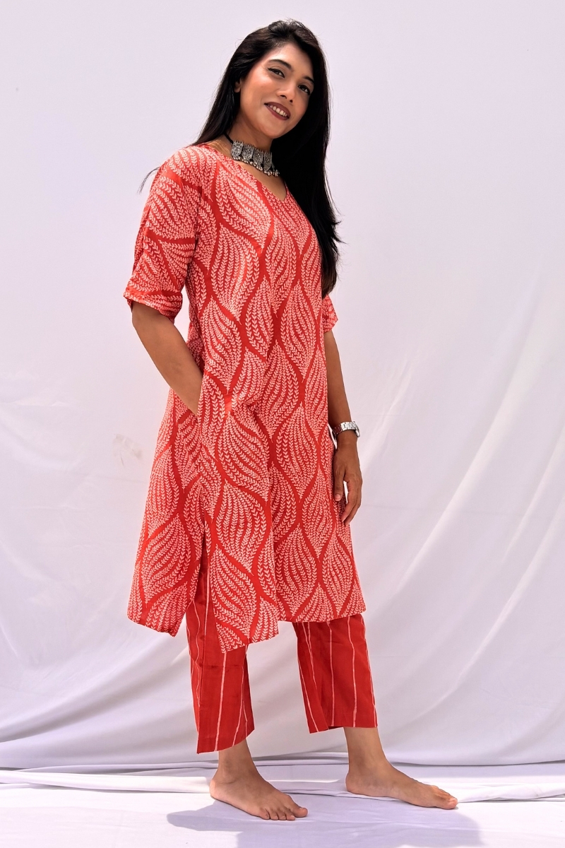 Hand Block Printed Cotton Co-ord Set - Coral Leaf