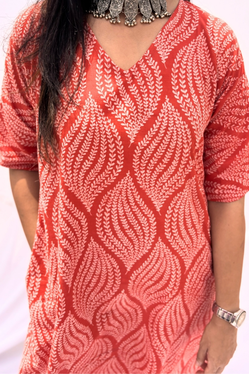 Hand Block Printed Cotton Co-ord Set - Coral Leaf