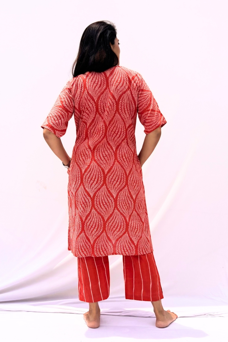 Hand Block Printed Cotton Co-ord Set - Coral Leaf