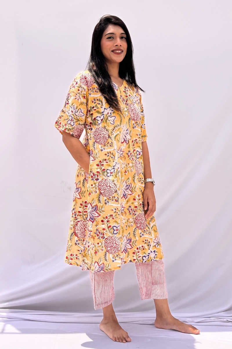 Hand Block Printed Cotton Co-ord Set - Mustard Floral Garden
