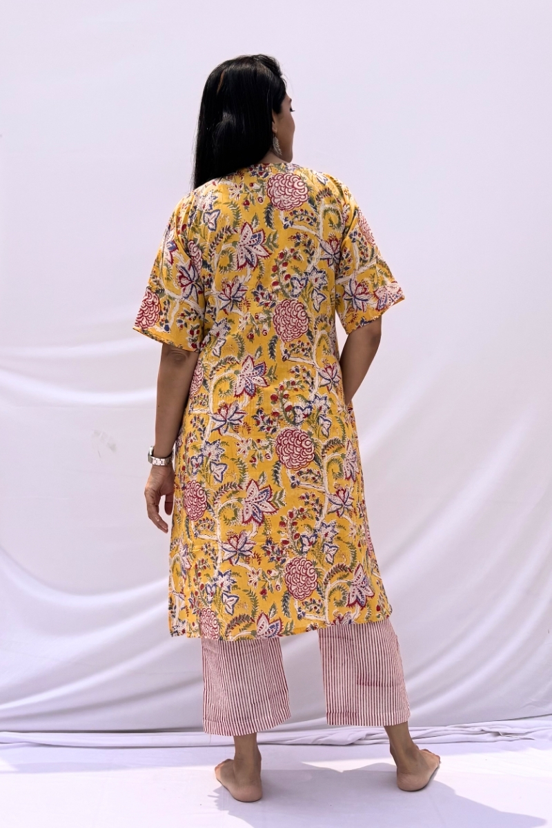 Hand Block Printed Cotton Co-ord Set - Mustard Floral Garden