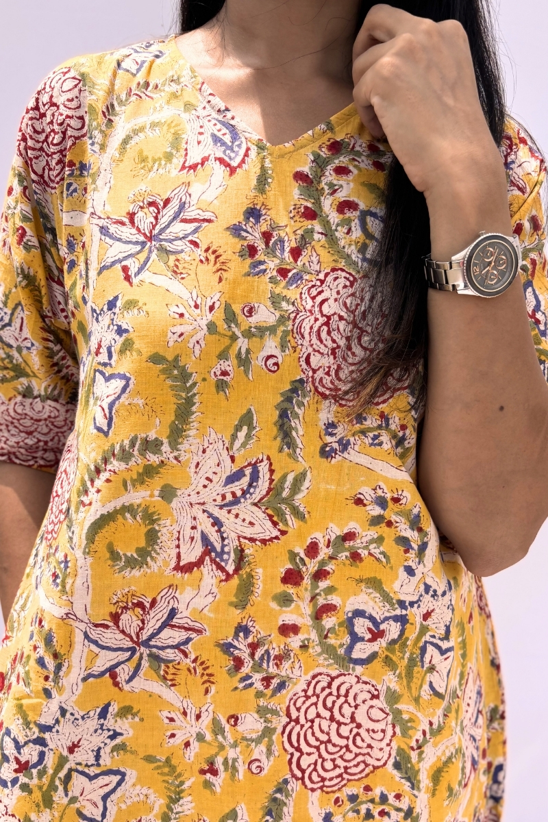 Hand Block Printed Cotton Co-ord Set - Mustard Floral Garden