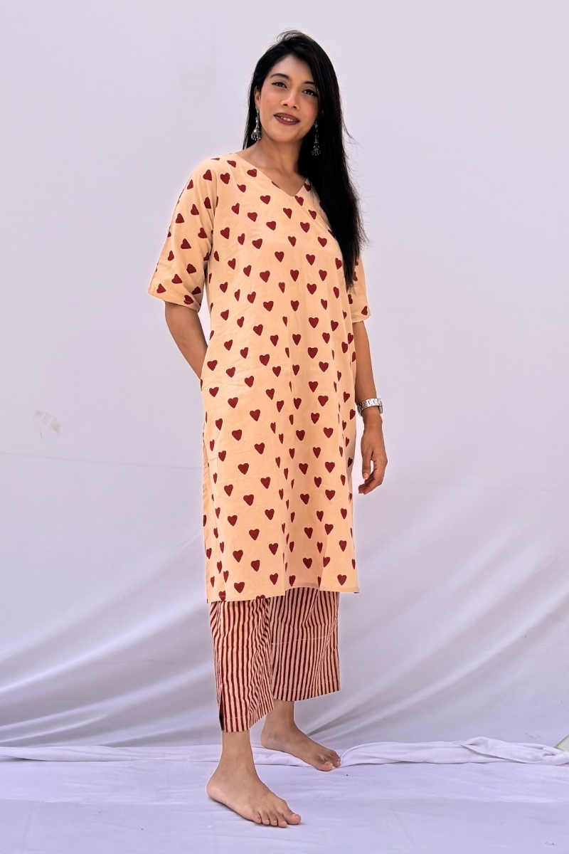 Hand Block Printed Cotton Co-ord Set - Beige & Crimson Hearts