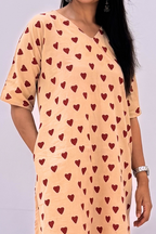 Hand Block Printed Cotton Co-ord Set - Beige & Crimson Hearts