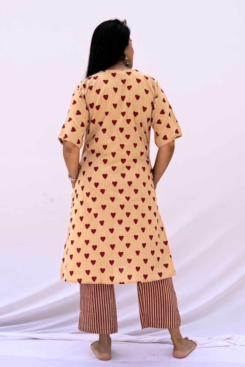 Hand Block Printed Cotton Co-ord Set - Beige & Crimson Hearts