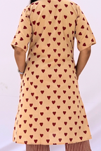 Hand Block Printed Cotton Co-ord Set - Beige & Crimson Hearts
