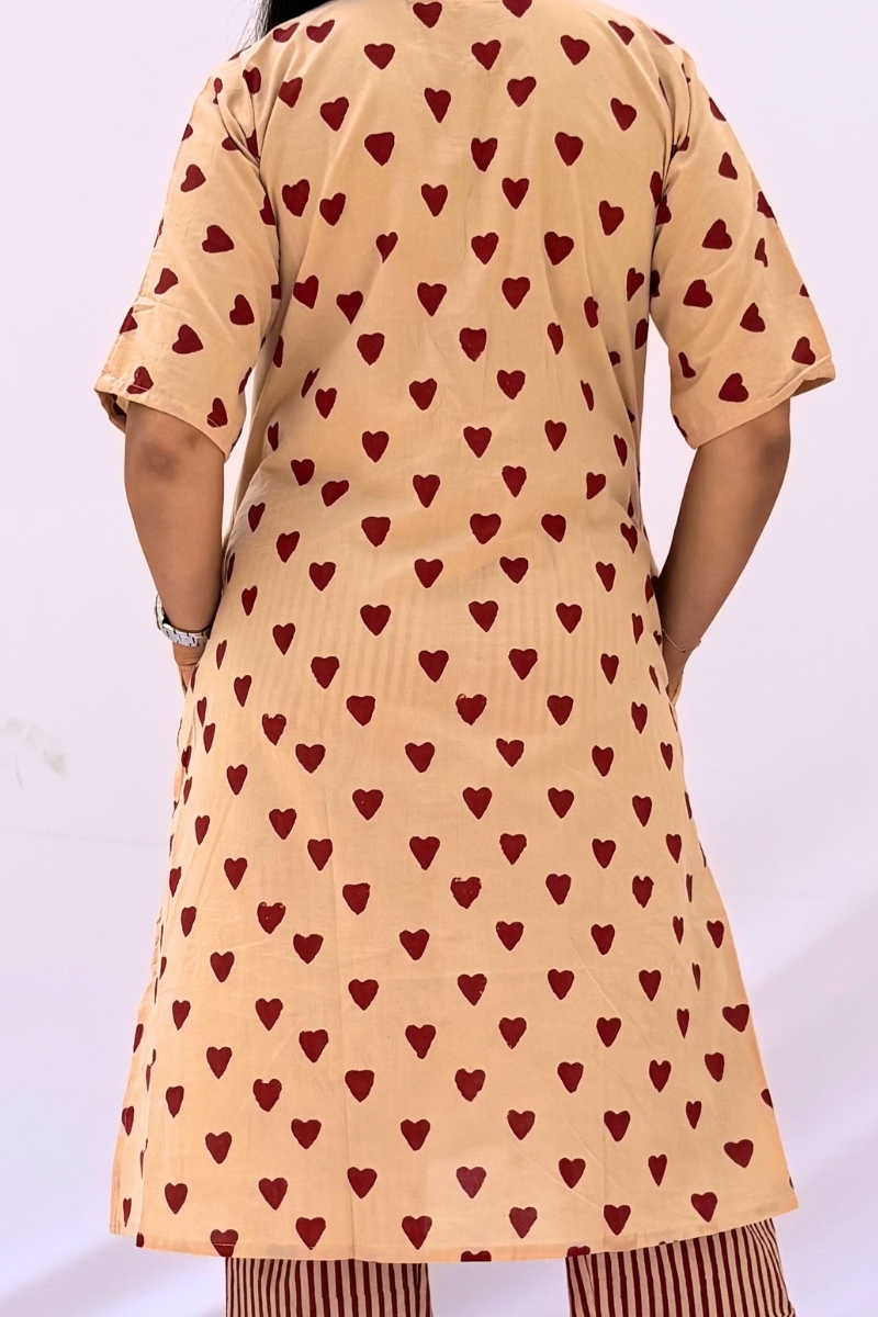 Hand Block Printed Cotton Co-ord Set - Beige & Crimson Hearts
