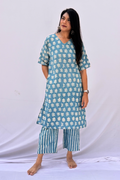 Hand Block Printed Cotton Co-ord Set - Powder Blue Floral