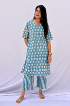 Hand Block Printed Cotton Co-ord Set - Powder Blue Floral