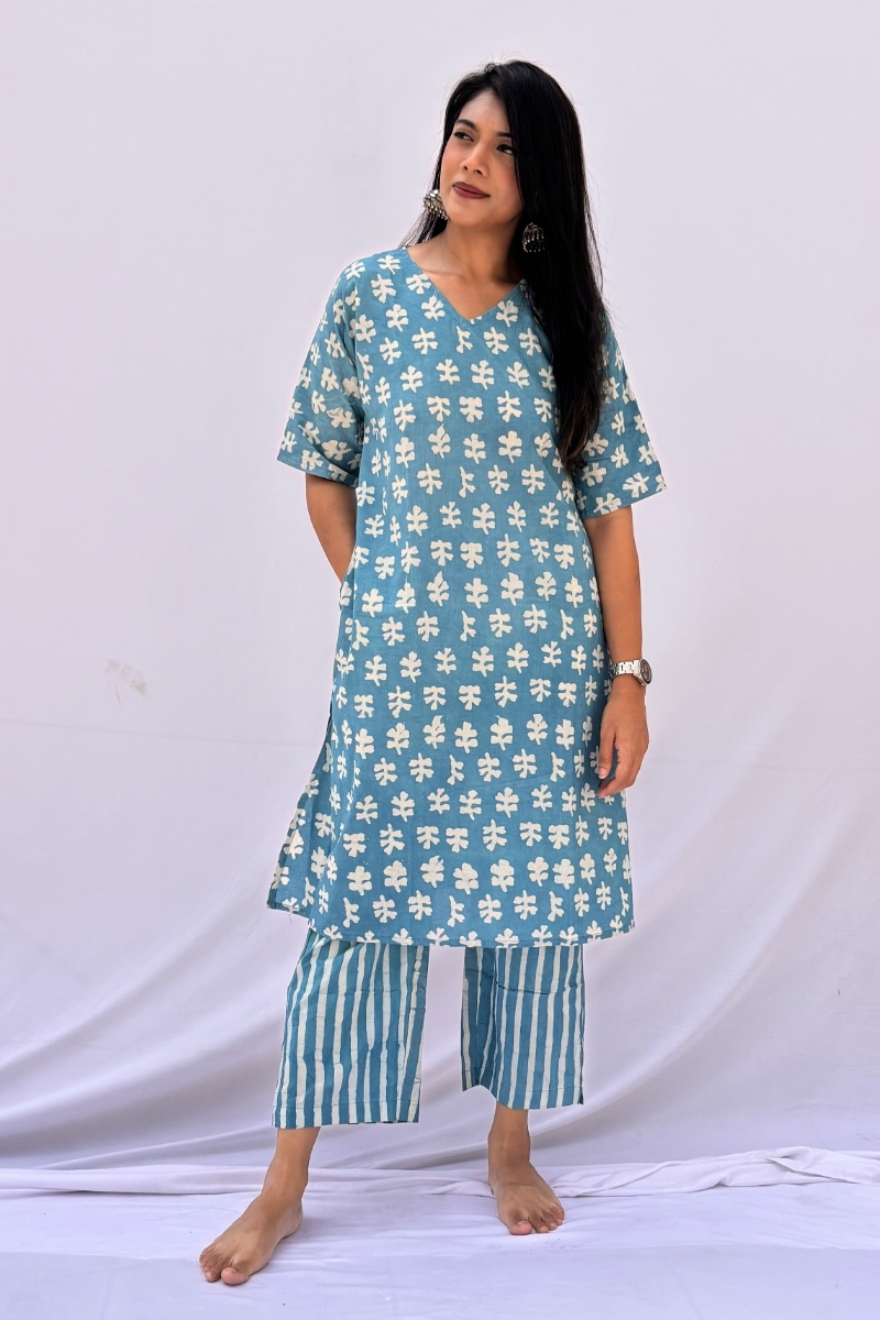 Hand Block Printed Cotton Co-ord Set - Powder Blue Floral