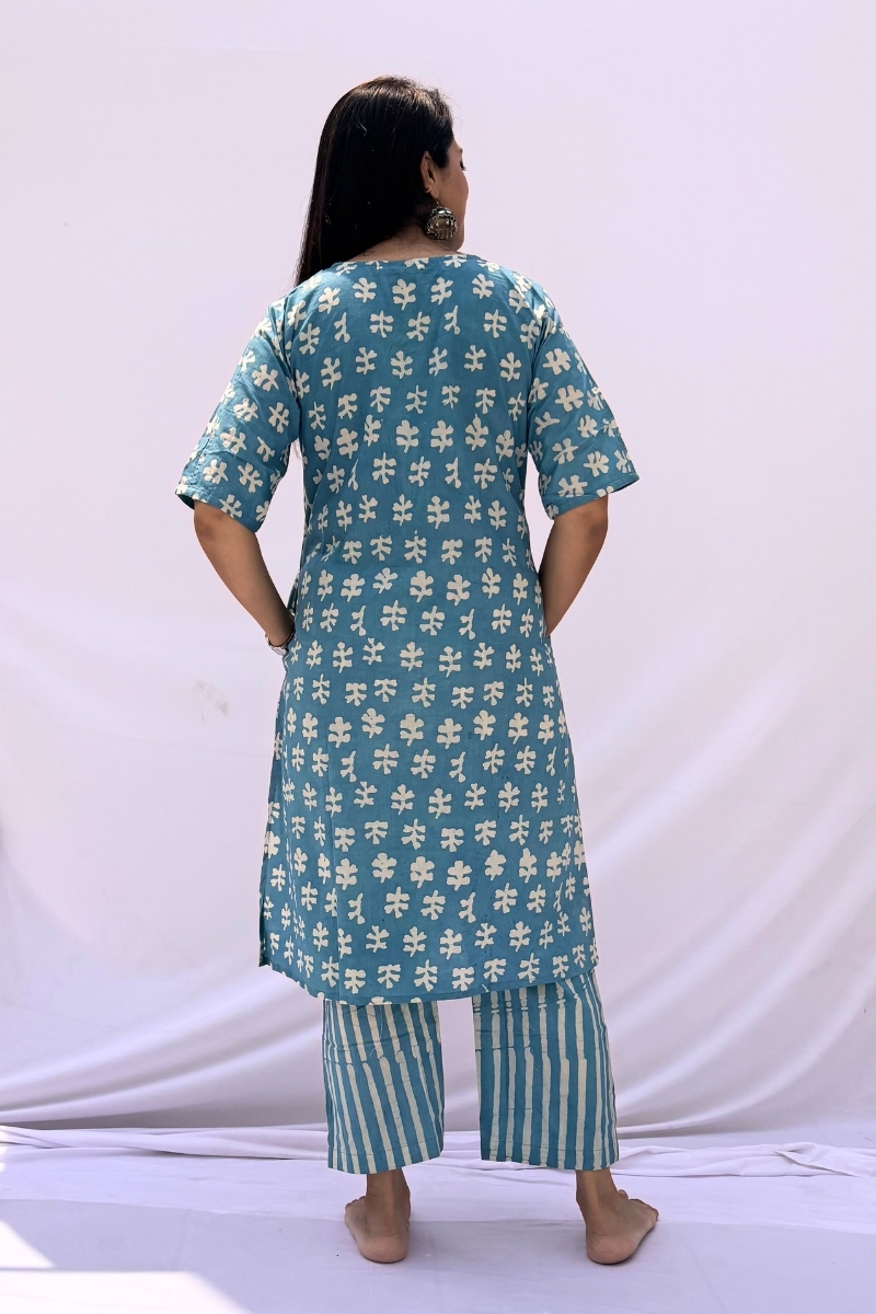 Hand Block Printed Cotton Co-ord Set - Powder Blue Floral