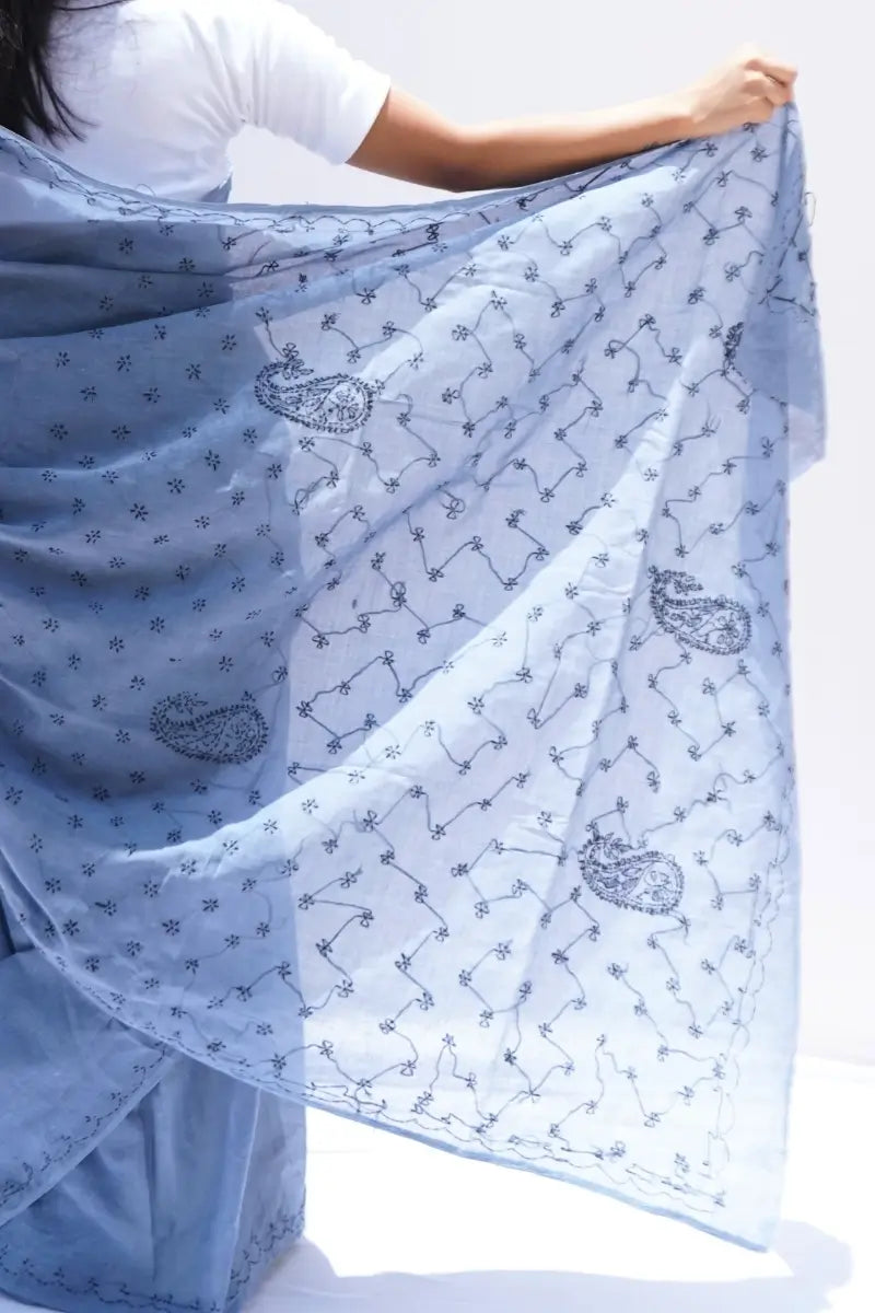 CottonChikankariSareeinpowderbluewithLucknowhandembroideryonborders_Noolagam_4