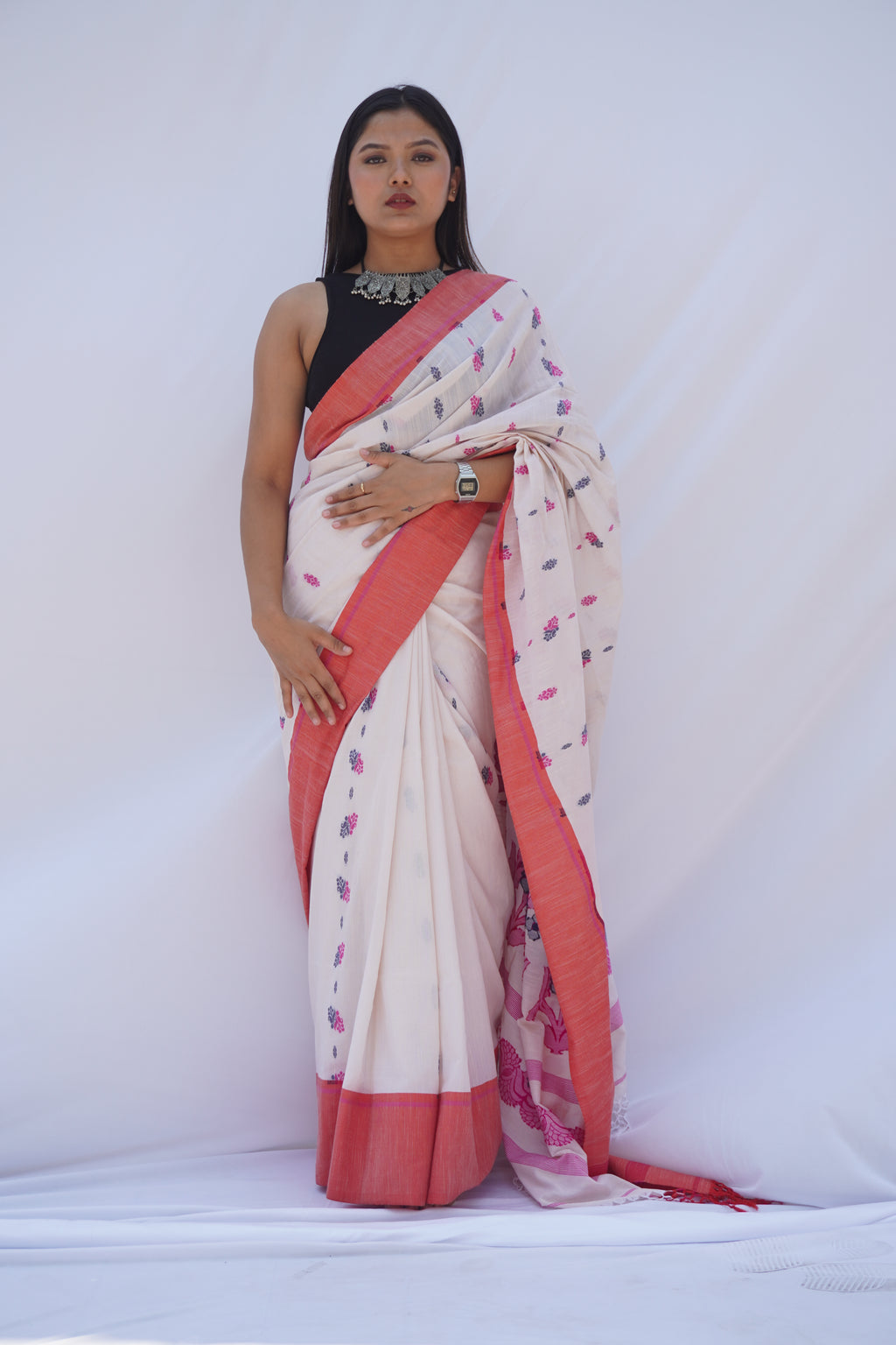 White Khadi Cotton Saree with Floral Buttas