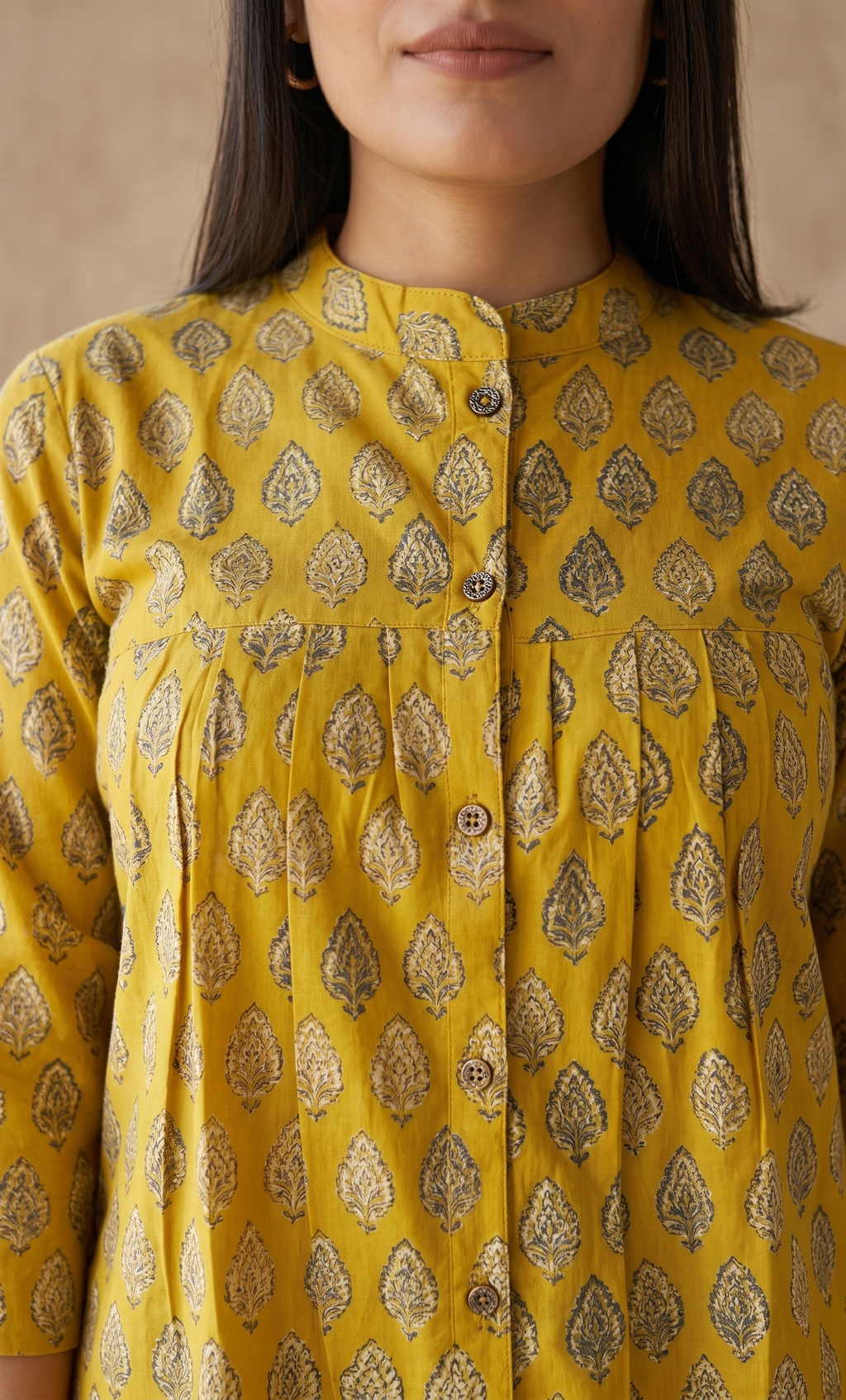 Hand Block Printed Cotton Top – Mustard Yellow & Ivory