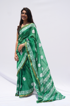 Maheshwari Silk Cotton Block Printed Saree – Emerald Green & Ivory