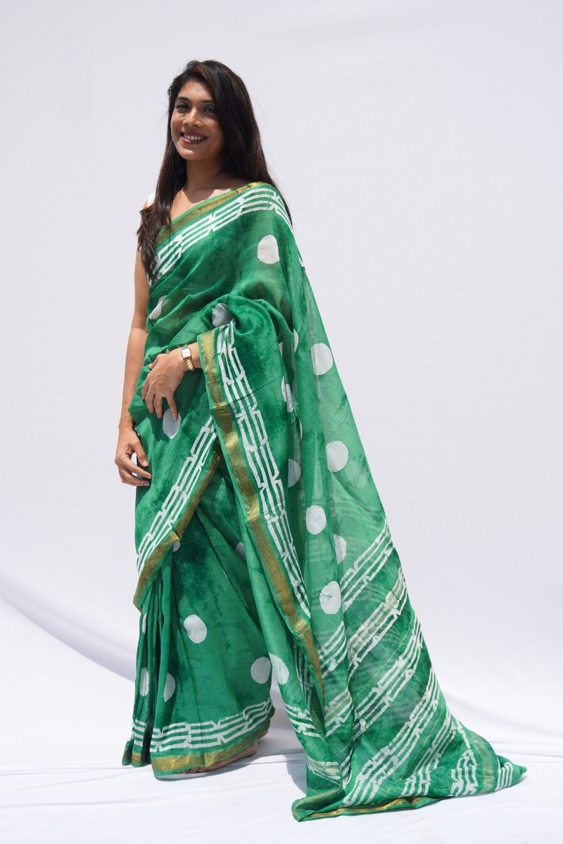 Maheshwari Silk Cotton Block Printed Saree – Emerald Green & Ivory