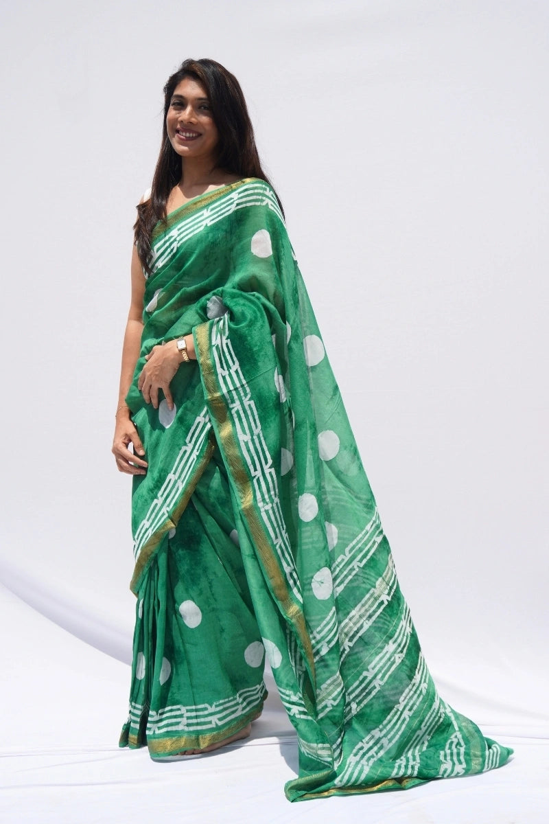 Maheshwari Silk Cotton Block Printed Saree – Emerald Green & Ivory