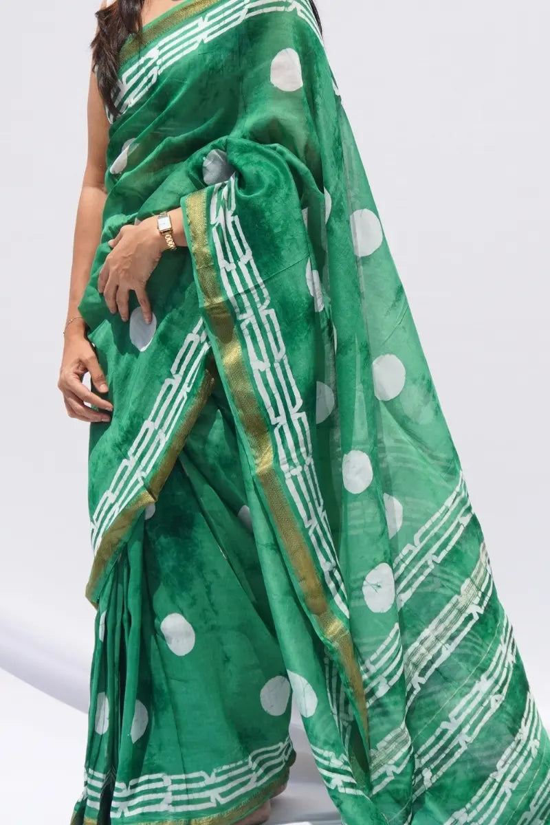 Maheshwari Silk Cotton Block Printed Saree – Emerald Green & Ivory