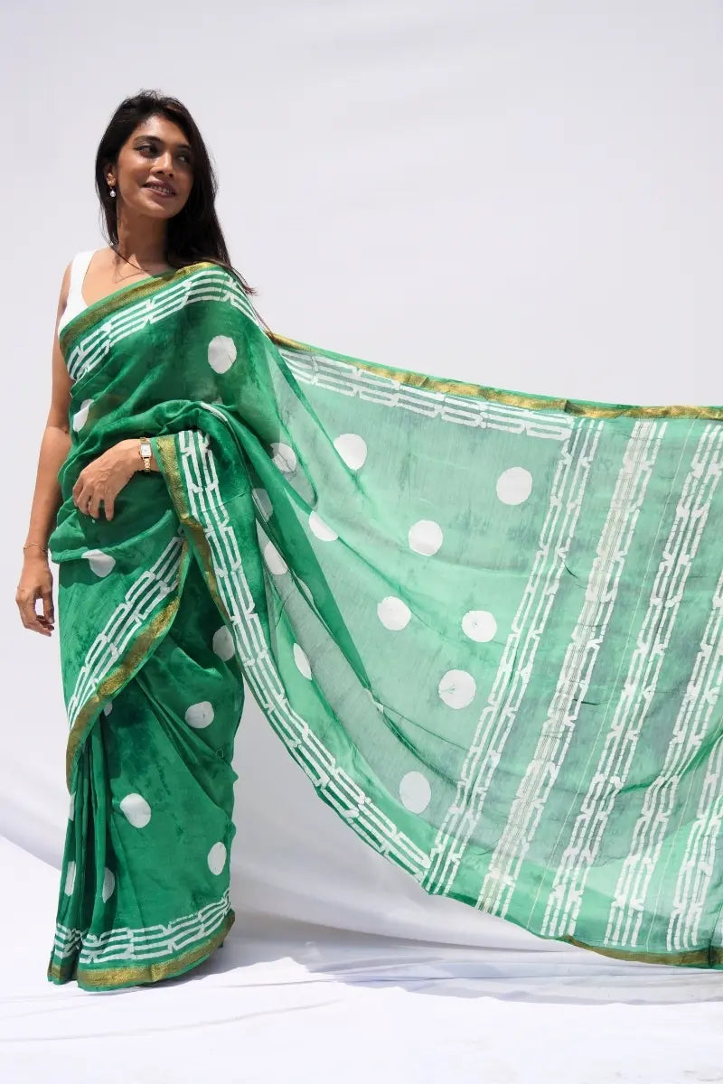Maheshwari Silk Cotton Block Printed Saree – Emerald Green & Ivory