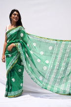 Maheshwari Silk Cotton Block Printed Saree – Emerald Green & Ivory