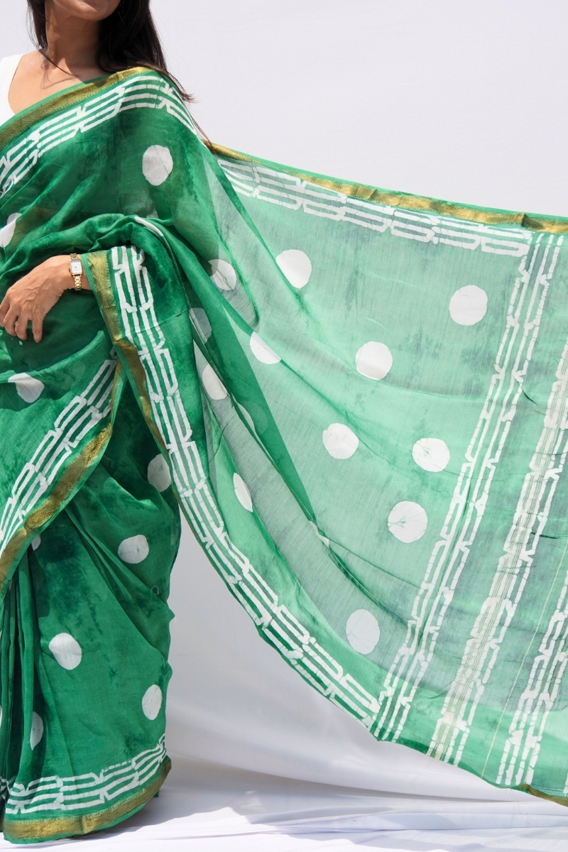 Maheshwari Silk Cotton Block Printed Saree – Emerald Green & Ivory