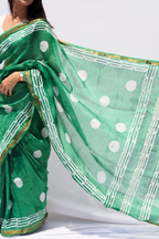 Maheshwari Silk Cotton Block Printed Saree – Emerald Green & Ivory