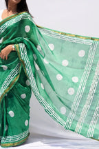 Maheshwari Silk Cotton Block Printed Saree – Emerald Green & Ivory