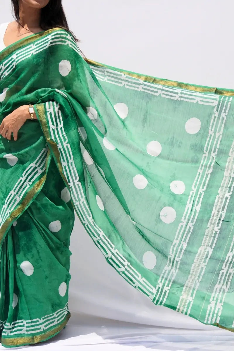 Maheshwari Silk Cotton Block Printed Saree – Emerald Green & Ivory