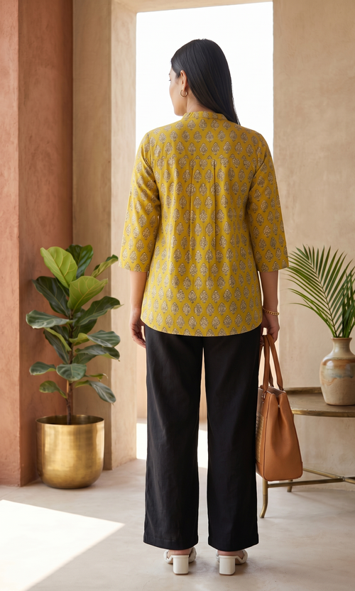Hand Block Printed Cotton Top – Mustard Yellow & Ivory