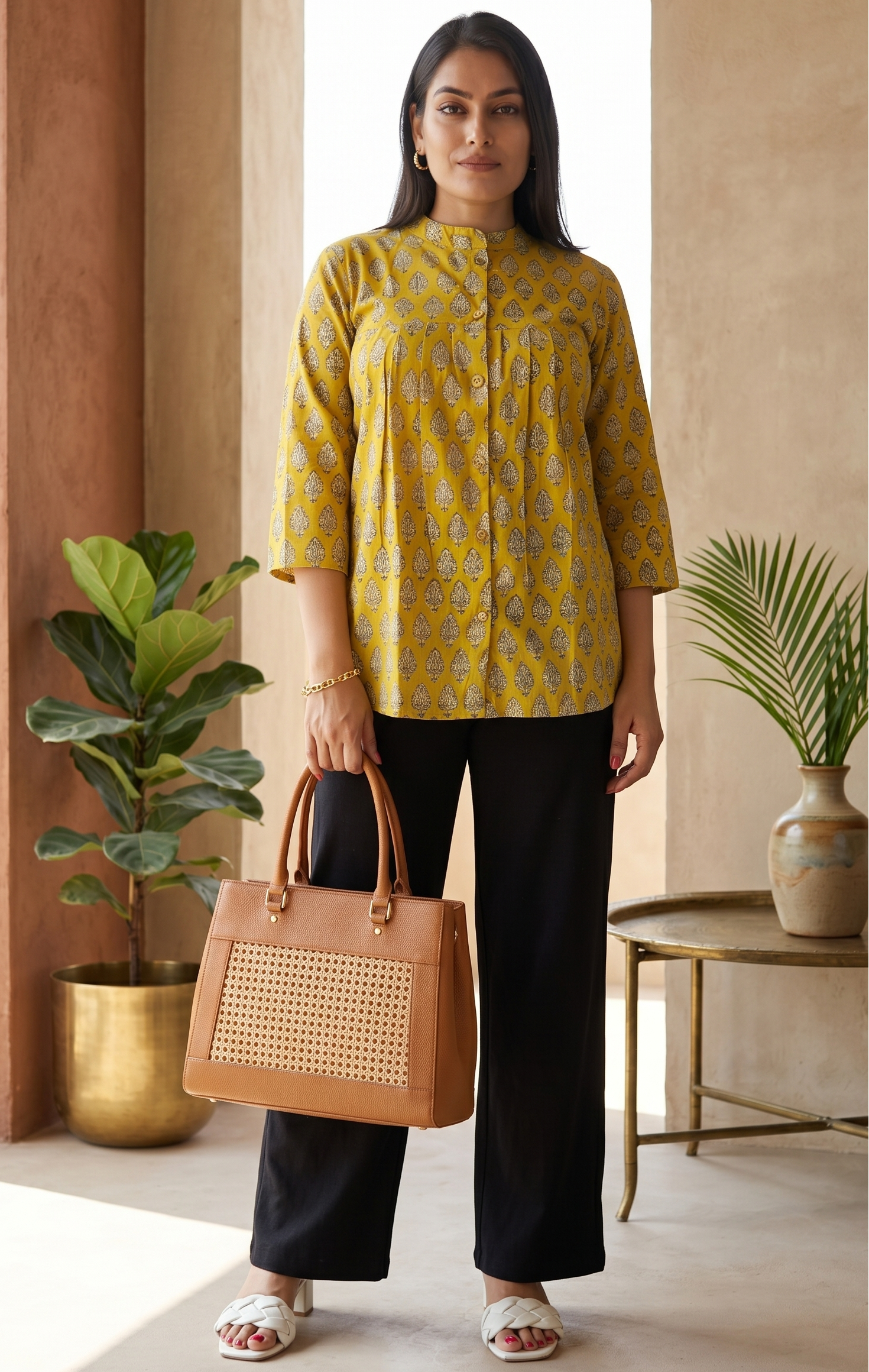Hand Block Printed Cotton Top – Mustard Yellow & Ivory