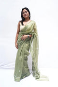 Handloomcottonslubsareeinsagegreenandivorywithwovenmotifs_Noolagam