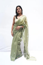 Handloomcottonslubsareeinsagegreenandivorywithwovenmotifs_Noolagam