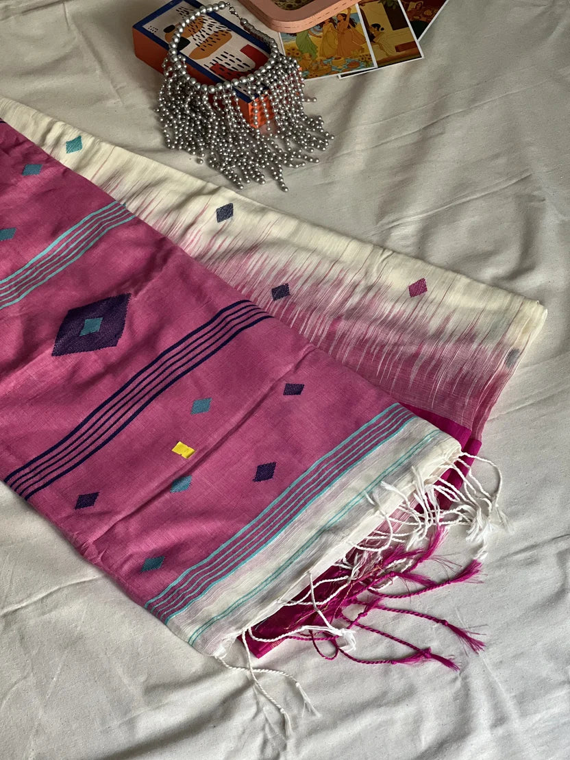 Ganga Jamuna Paar Khadi Cotton Saree with Pink & White Buttas_2