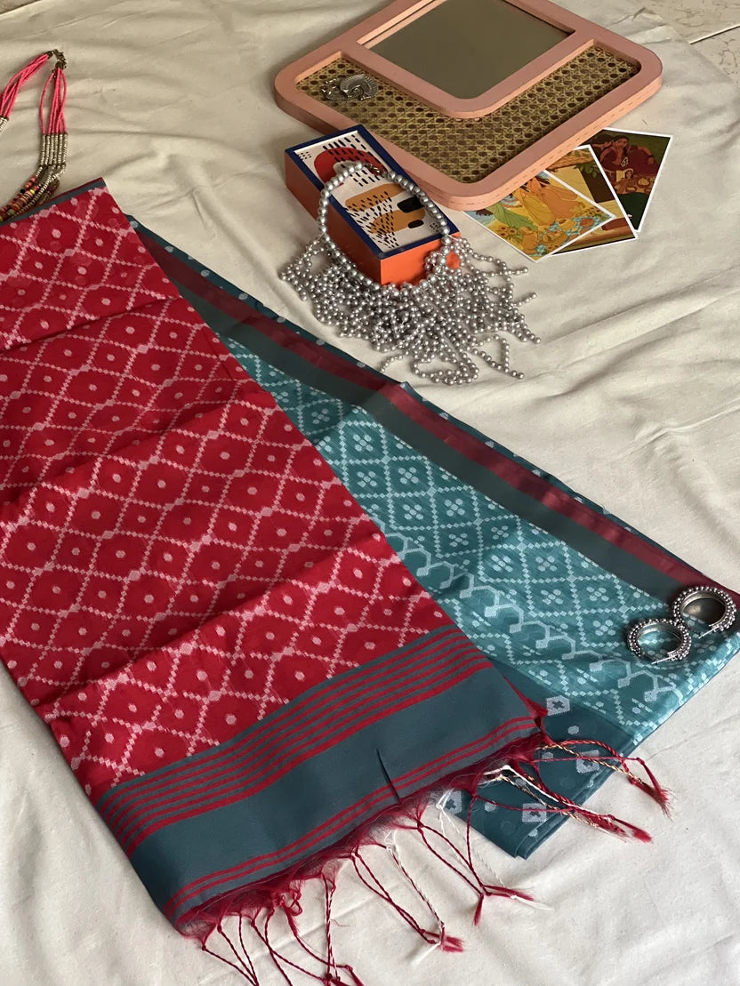 Teal & Red Silk Jamdani Saree_3