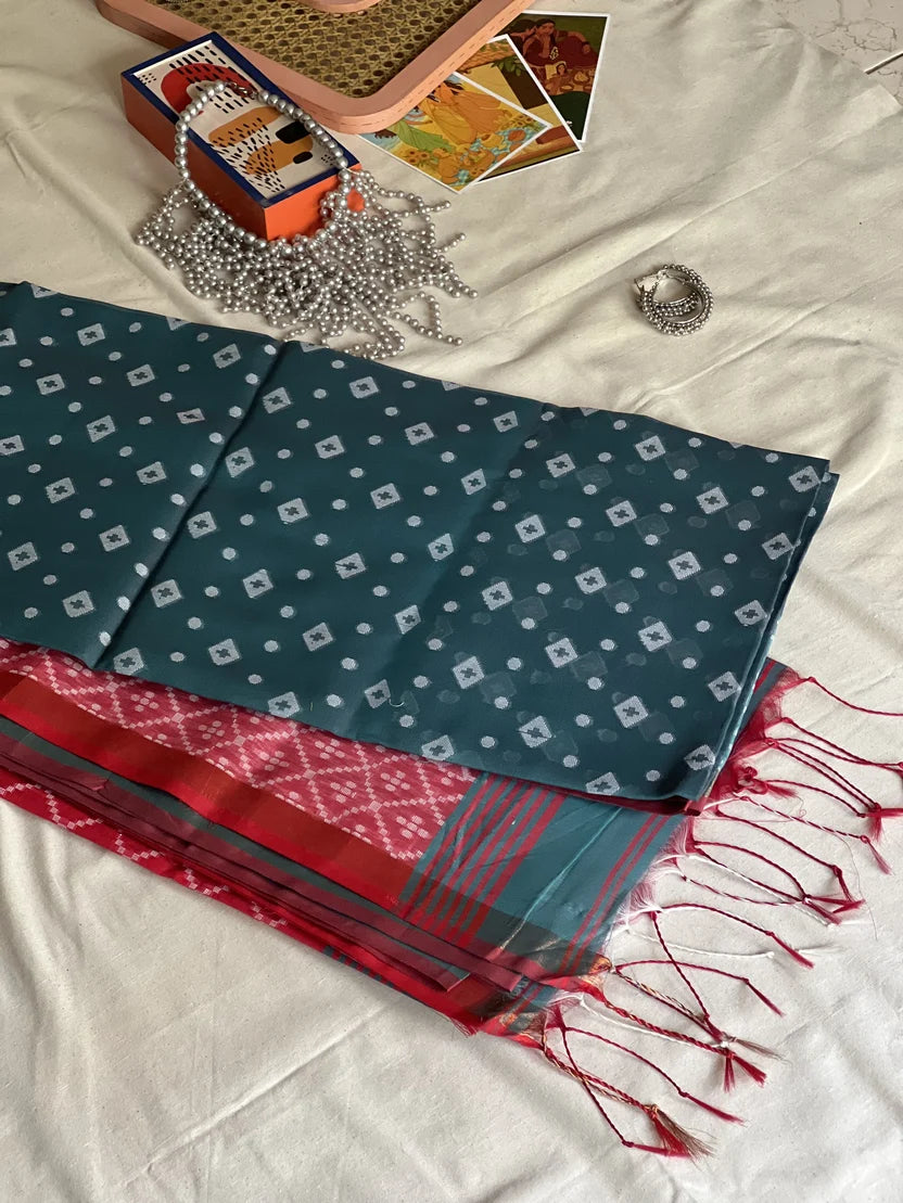 Teal & Red Silk Jamdani Saree_2