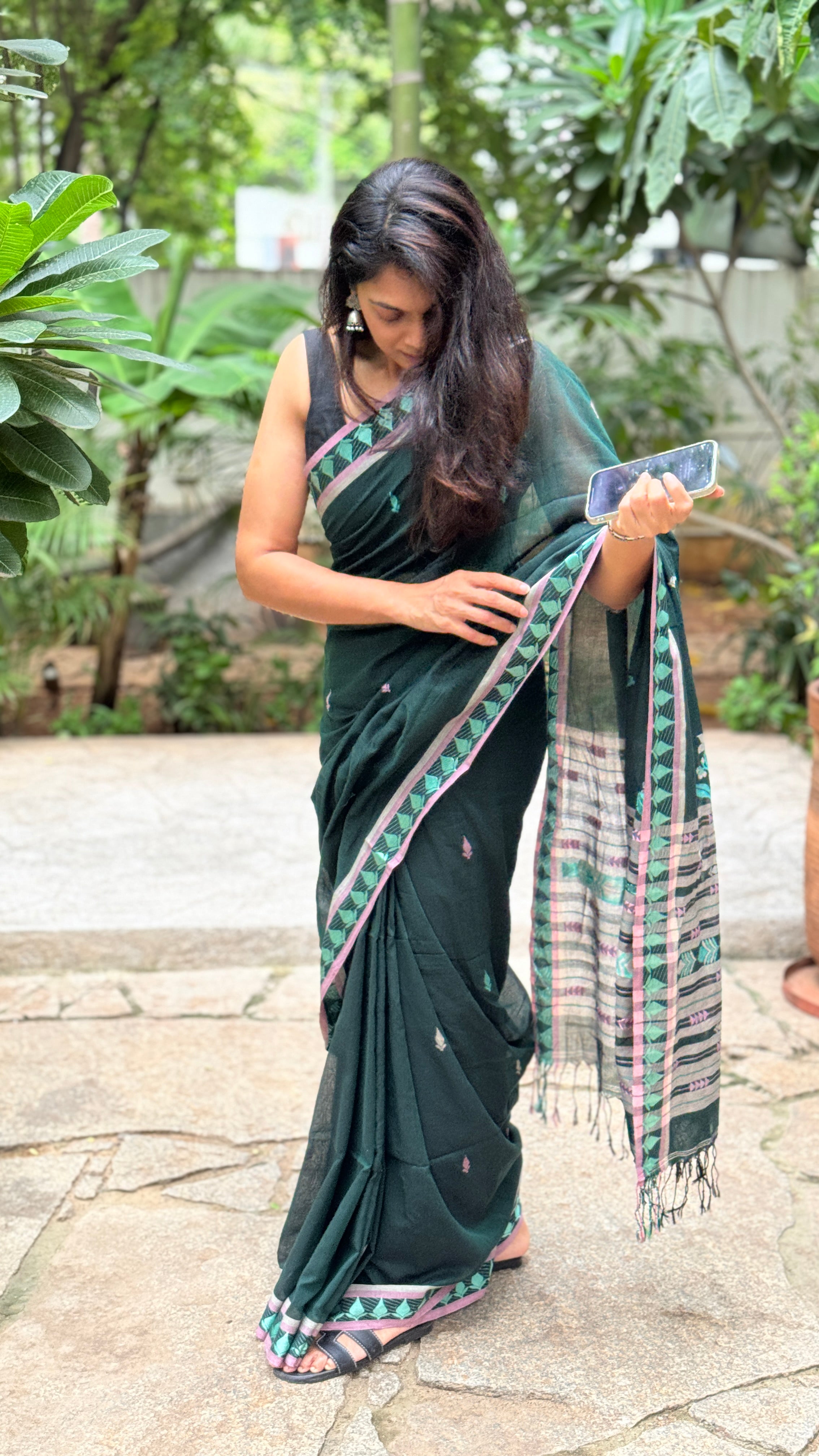 Deep green khadi cotton saree with woven leaf motif border in pastel violet and mint Noolagam_2