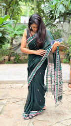 Deep Green Khadi Cotton Saree with Leaf Motif Border_2