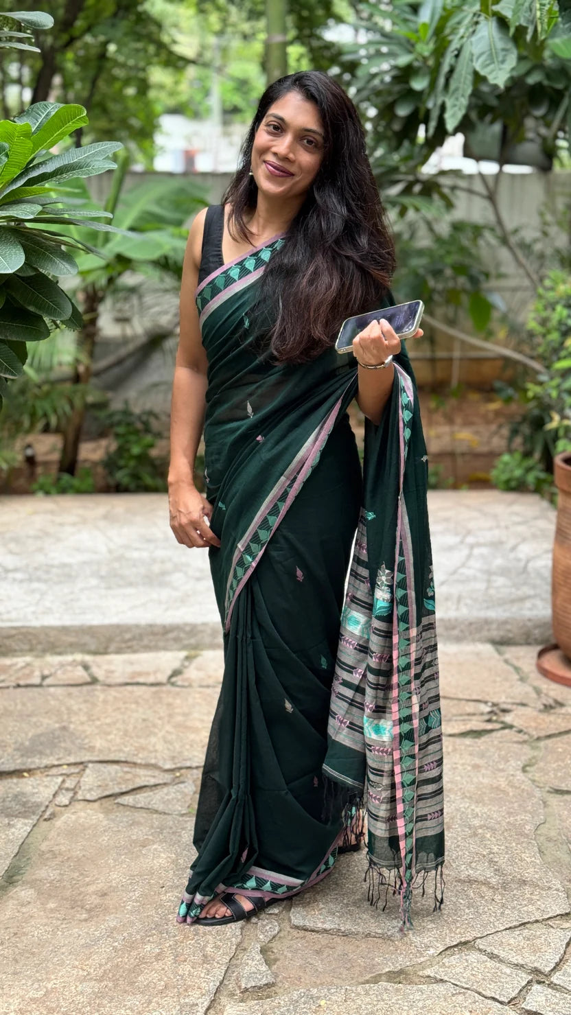 Deep Green Khadi Cotton Saree with Leaf Motif Border_1