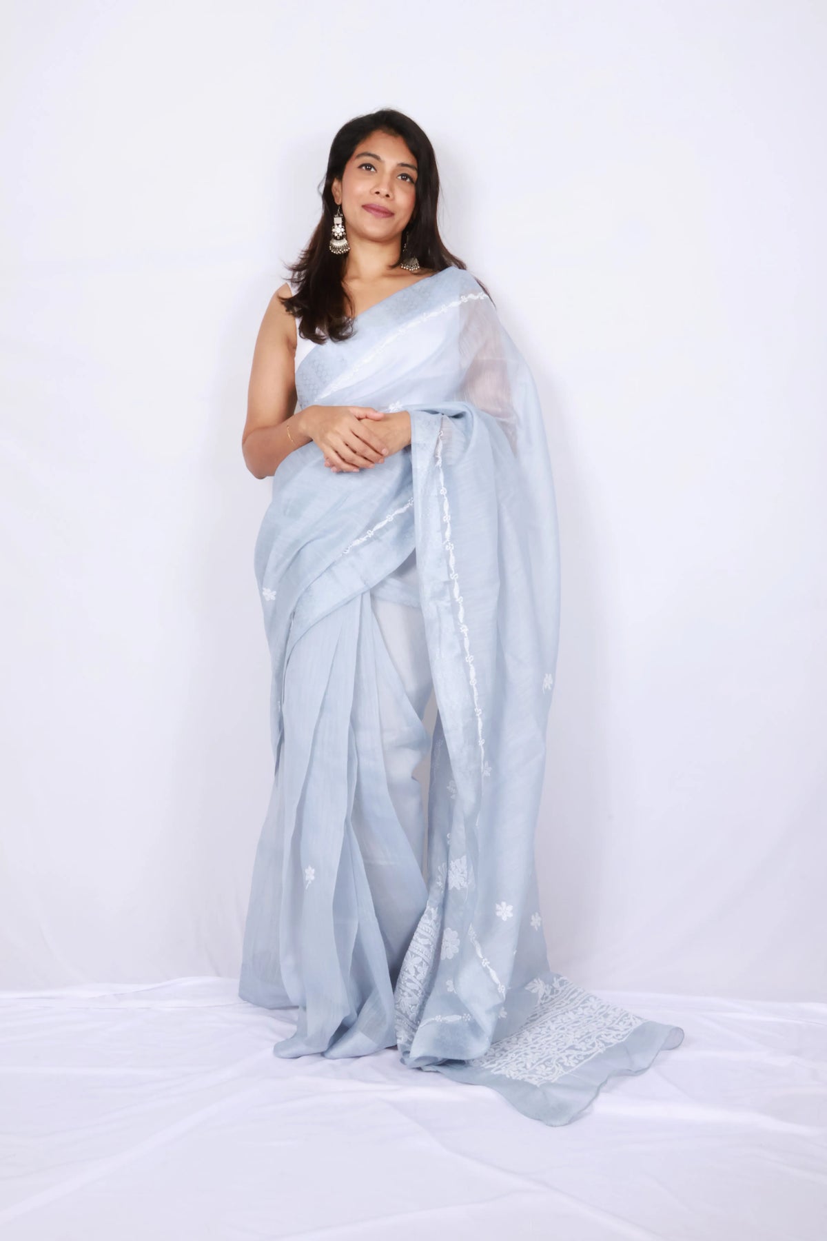 Ice Blue Chanderi Chikankari Saree with Floral Embroidery — Noolagam