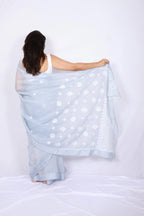 Ice Blue Chanderi Chikankari Saree with Floral Embroidery — Noolagam_4