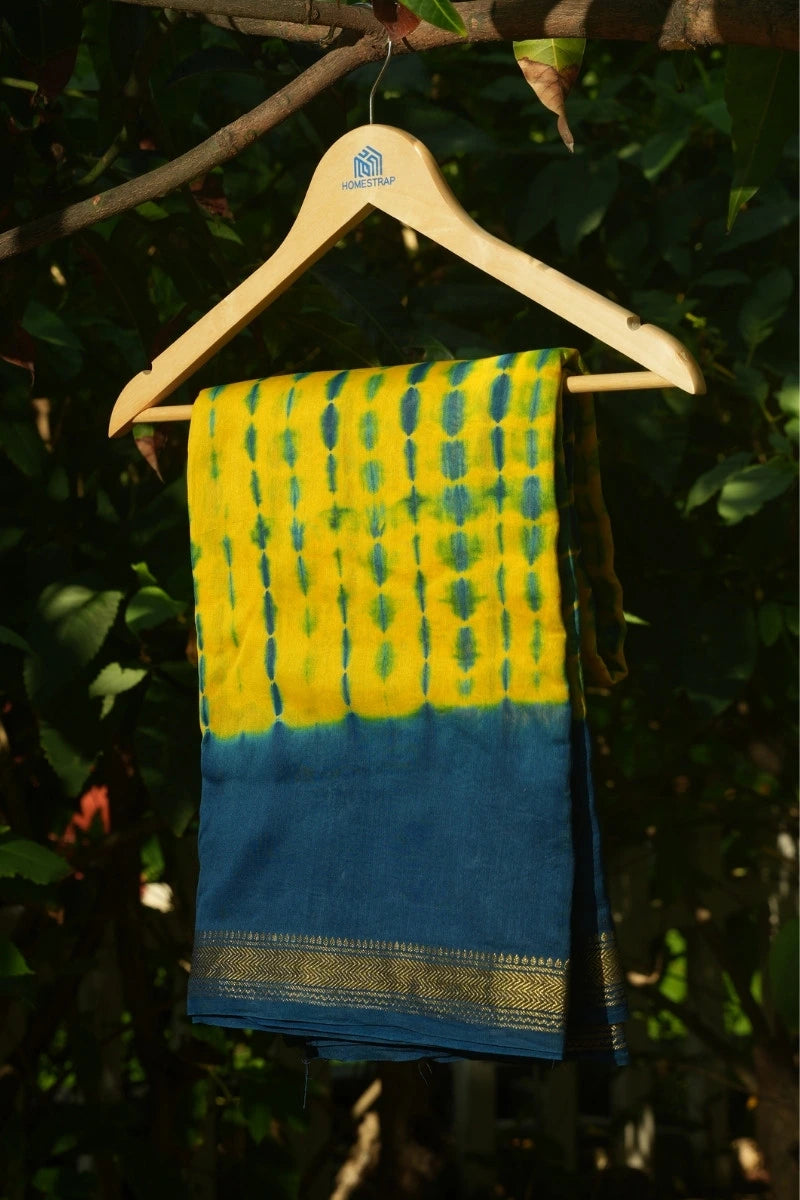 Maheshwari Silk Cotton Leheriya Tie-Dye Saree - Mustard Yellow & Deep Blue