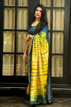 Maheshwari Silk Cotton Leheriya Tie-Dye Saree - Mustard Yellow & Deep Blue
